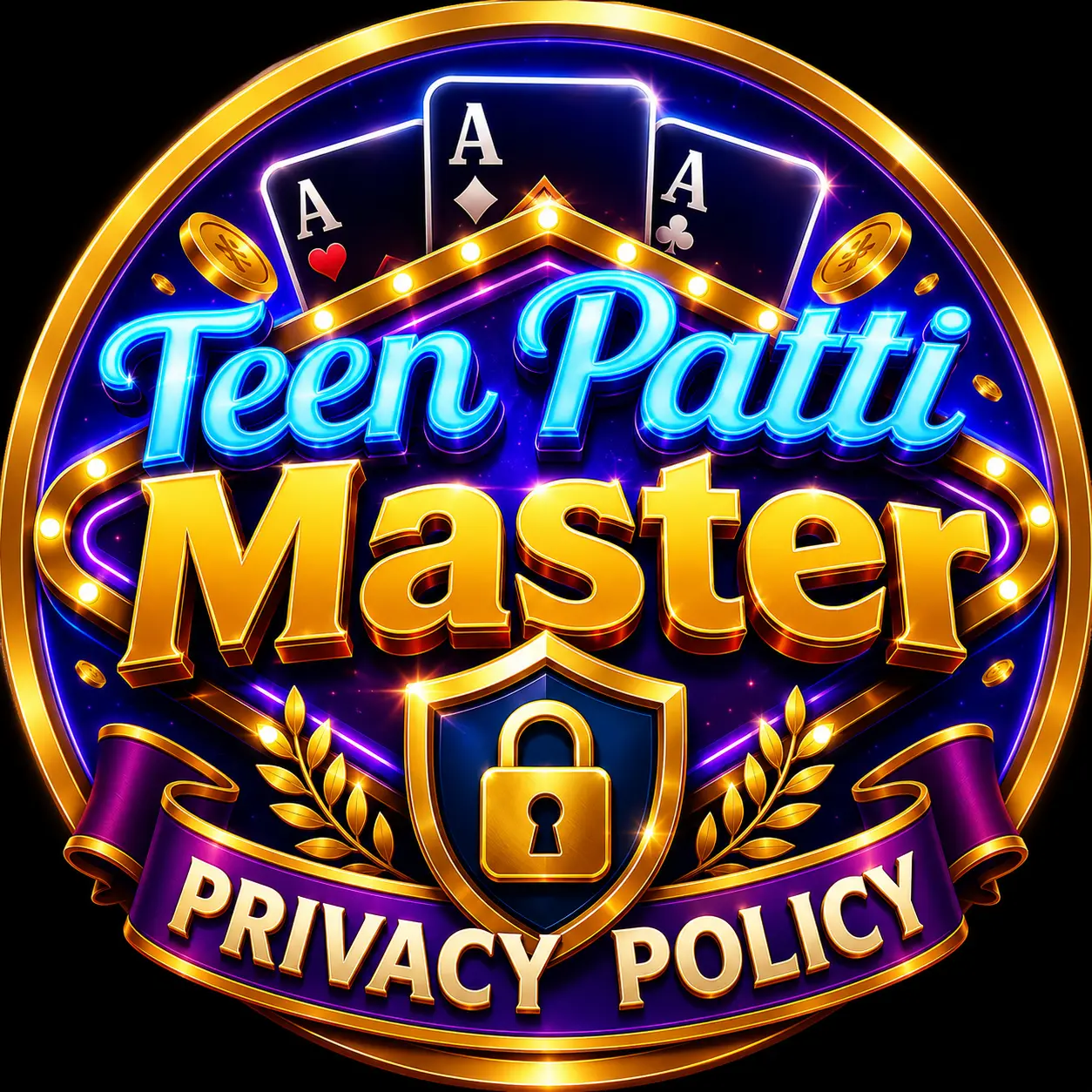 Teen Patti Master Privacy Policy logo with 3D casino-style shield, lock, playing cards, and premium gold neon design.