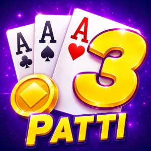 Teen Patti Gold logo featuring three Ace playing cards, a golden number 3, gold coin, and purple background for APK download.