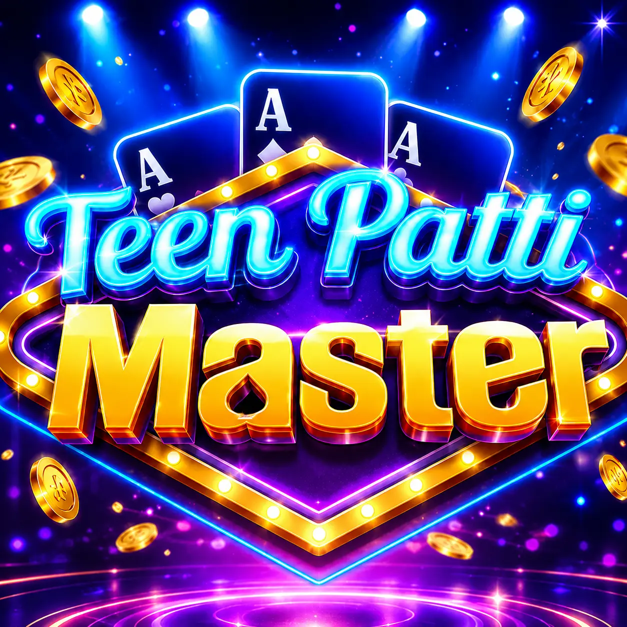 Teen Patti Master download promotional image with playing cards, gold coins, and vibrant casino-themed graphics.