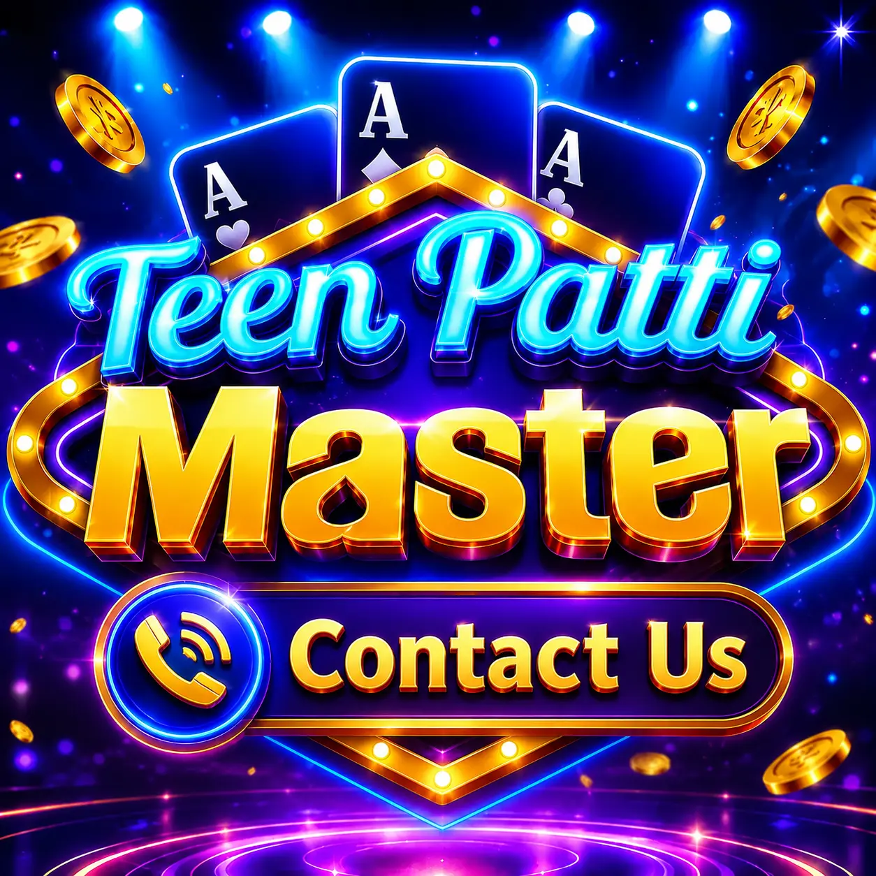 Teen Patti Master Contact Us logo featuring a 3D phone icon, playing cards, gold coins, and premium casino-style neon design.