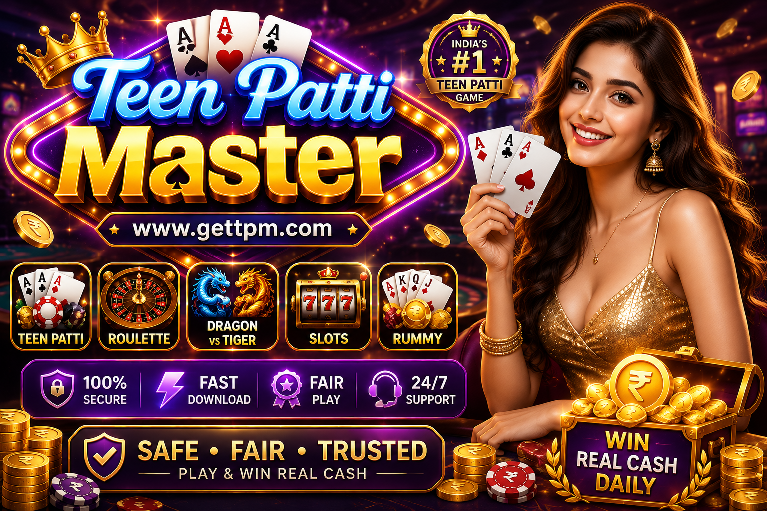 Teen Patti Master Latest Version promotional banner with real cash rewards, card games, and GetTPM official download website