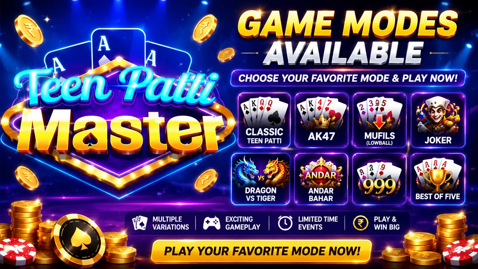 Teen Patti Master game modes available including popular Teen Patti variations and tables